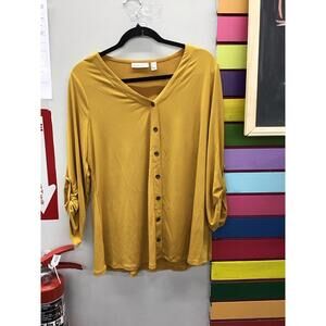 Susan graver liquid knit vneck button trimmed roll tab top gold glimmer medium